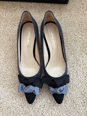 Jet-Set Paris Gray Black Wool Blend Suede Kitten Heel Pumps Bow Women’s 36